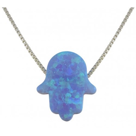Corrente e pingente pedra opalit em forma de hamsa - Azul Claro